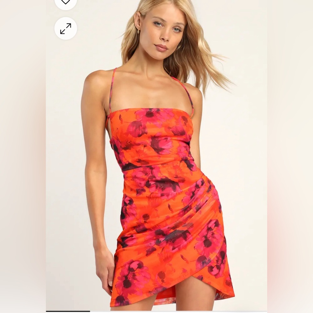 NWT Lulus S Heart on Fire Orange Floral Print Backless Lace-Up Mini Dress